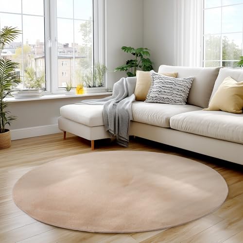 Carpettex Teppich Rund Beige 200 cm- Kurzflor Teppich Waschbar, rund, rutschfest & weich, modernes einfarbiges Design für Wohnzimmer, Schlafzimmer, Kü