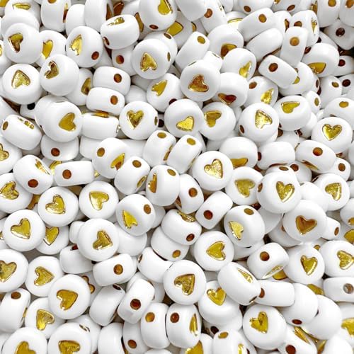 600pcs White Gold Acrylic Heart Beads Kit,4x7mm Gold Heart Shaped Bead Flat Round Spacer Beads Plastic Loose Bead for Jewelry Making,DIY Bracelets, Necklaces, Keychains