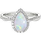 MOTIEL 2ct 925 Sterling Silver Opal Ring for Women Real Genuine Pear Cut Halo Opal Engagement Ring Dainty October Birthstone Opal Ring For Her
