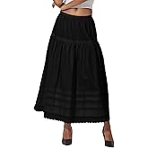 BEAUZSUZSANA 100% Cotton Women White Maxi Skirt Elastic Waist Peasant A Line Flowy Swing Lace Skirt Dress No Lining