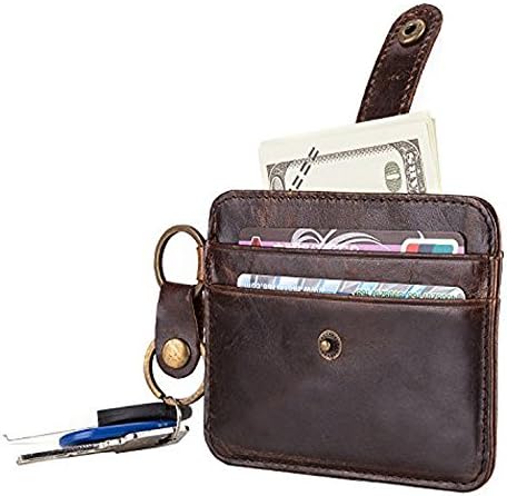 Mini Men's Card Case Genuine Leather Slim Pocket Wallet with Key Chain