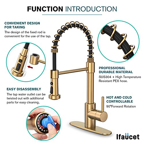 Gold Kitchen Faucet with Pull Down Sprayer, 19.75Inch Spring Faucet