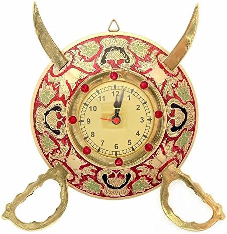 Indian Gift Emporium Rajasthani Real Brass Metal Sword n Armour Decorative Wall Clock HCF107