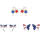 3 Pairs American Flag Stud Earrings Fashion Red Blue Star Butterfly Dragonfly July 4th USA Patriotic Independence Day Earrings Jewelry Accessory for Women