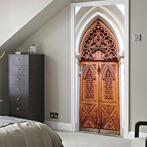 suuyar 2 Panels Arabic Style Brown Wooden Color Art Door Wall Murals Wall Stickers Door Sticker Wallpaper Decals Home Decoration