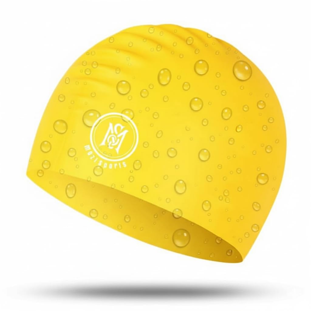 Swimming Caps For Kids- 100% Silicone Waterproof Durable and Odour Free Swim Hat - Stretchable, Anti slip Swim Cap - Swimming Hat for up To 5-12 Years With Protective Pouch (Yellow)