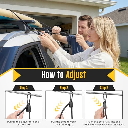 Hejo 4 Pieces Elastic Bungee Cord with Adjustable Hooks, 100 cm High Strength Durable Elastic Sandow with Carabiner, Black Latex Rubber Bungee Cord for Camping, Tarpaulins, Tents, Car and Motorcycle