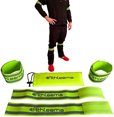 Reflective Arm or Leg Elastic Bands By Athleema (Set of 4 Velcro Straps) Fully Adjustable. High Nighttime Visibility. Great for Running, Walking, Biking.