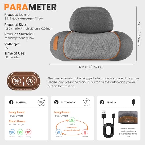 Svxhaoy 3-in-1 Neck Massage Pillow—with Heat, Massage, and Traction Stretching,Deep Tissue Massage Relieves Shoulder and Neck Muscle Pain and Stiffness,Suitable for Men and Women, Grey
