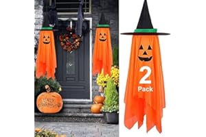 HBSTK Halloween Decorations, 2 Pack Orange Pumpkin Wizard Hat Pre-Installed Pumpkin Ghost Ghosts Witch Hanging Ornaments Decor for Home Party Garden Indoor Outdoor