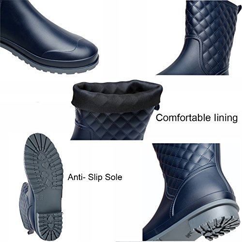 17KM Womens Black Short Anti Slip Rain Boots Mid-Calf Waterproof Rubber Garden Rain Shoes 9 US, Grid Black - Thumbnail 6