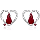 Sterling Silver Heart Cardinal Earrings for Women Hypoallergenic Cute Stud Huggie Weird Piercing White Gold Crystal Cubic Zirconia Post Pin Holiday Earring Hooks