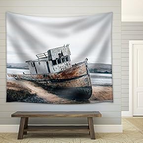 Stranded Boat by The Riverside - Fabric Wall Tapestry Home Decor - 51x60 inches