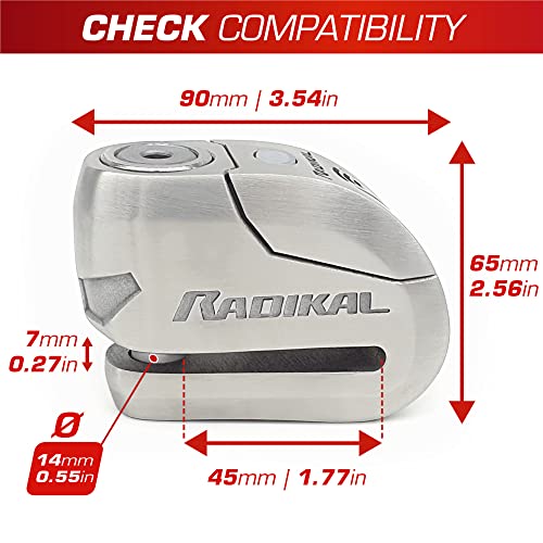 RADIKAL RK14S Premium Motorcycle Alarm Disk Lock 120dB ON/Off, Warning LED Alert, SRA Approved, High Security Anti Theft Brake Disc Lock for Motorbike, 14mm Double Locking Stainless Steel