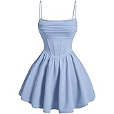 SHENHE Women's Ruched Corset Dress Spaghetti Strap Fit and Flare Flowy Skater Mini Cami Dress