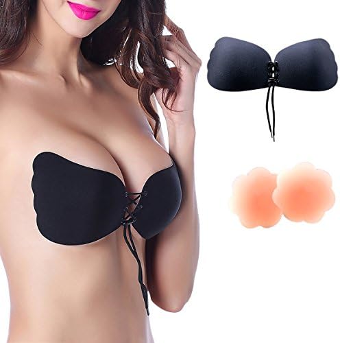 TinTop Push-up Bra Backless Silicone Strapless Bra Biological Gel Invisible Magic Bra Reusable Self Adhesive Bra With Drawstring For Womens (Black)