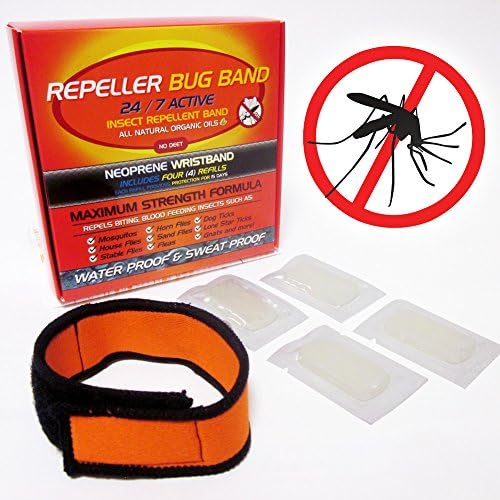 REPELLER MOSQUITO BAND + 4 FREE REFILLS All Natural Insect Repellent BUG BRACELET (Ticks, Flies, Fleas, Ticks, Gnats) DEET FREE NEOPRENE No Spray Pest Control Safe For Babies Kids GUARANTEED TO WORK