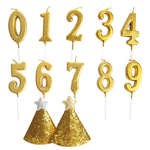 SBYURE 10 PCS Cake Numeral Candles,Gold Birthday Numeral Candles,Number 0-9 Glitter Cake Topper Decoration with 2 PCS Birthday Hat for Birthday Party Favor