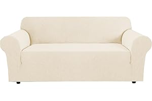 H.VERSAILTEX Stretch Couch Covers for Sofa 1 Piece Slipcovers for Couches and Sofas 3 Seater Couch Cover Feature Thick Checked Jacquard Fabric with Elastic Bottom, 72"-88" Wide, Cream