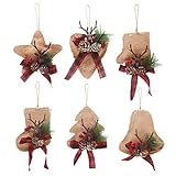 Kyatti 6ct Rustic Christmas Tree Ornaments Natural Burlap Country Xmas Hanging Decorations Stocking Glove Tree Bell Star Heart with Deer Head Pine Cones Black-Red Plaid Ribbon for Holiday Party Decor
