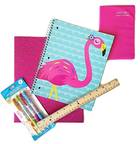 Back to School Supplies for Teen Girls Includes Flamingo Notebook, Student Planner, Pocket Folder, Wooden Ruler and Mechanical Pencils Bundle of 5