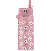 ROVOZAR Floral Water Bottle for Girls - 16oz Flower Stainless Steel Water Bottle with Straw - Cute Flowers Insulated Cup - Pink Floral Kids Tumbler for School, Sports, Travel