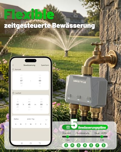 Unistyle Irrigation Computer WLAN 3 Outputs | New Edition 2026 - App Control, 5 Watering Plans, Precise Control, Alexa Voice Control, Automatic Watering for Garden & Plants