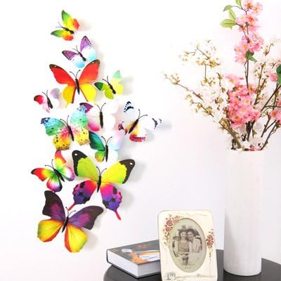 12 PCS 3D Butterfly Wall Stickers Decor Art Crafts Fridge Magnetic Stickers Home Kid Room Decals 4 size (Rainbow)