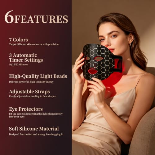 Red Light Mask for Face, 7-Colors Red Light Therapy Face Mask, Lightweight Portable for Home & Travel, Rechargeable