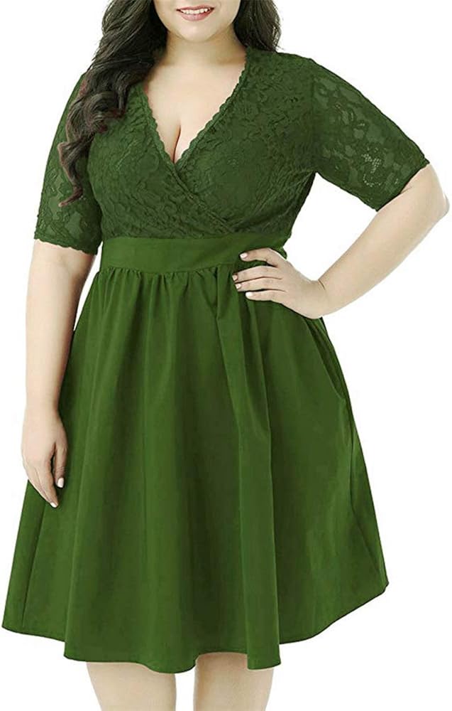 Aniywn Plus Size Short Sleeves Wrap V Neck Empire Waist Evening Dress Cocktail Party Midi Dress for Women