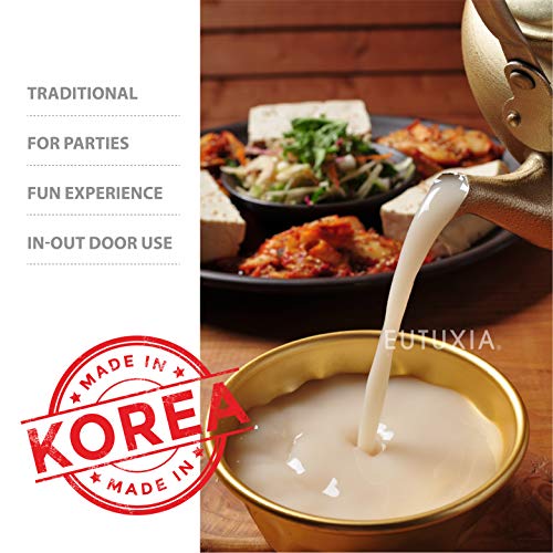 Eutuxia Makgeolli 4 Bowls + Kettle for Korean Traditional Raw Rice Wine, Dongdongju, Soup or Any Drinks. Lightweight & Sturdy Aluminum, Great for BBQ Parties, Camping & All Occasions. Made in Korea