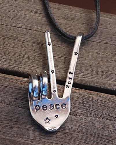 PEACE Sign 202 Hand Stamped ORNAMENT for tree Made from recycled silver plate fork 2022 on tine and small stars hangs from Black Leather