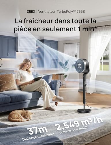 DREO Smart Pedestal Fan for Bedroom, 3D Oscillation 150°+100°, CirculAir Range 36.6m, Silent DC Motor, 12 Speed, 6 Modes, 20 dB, Remote Control, Timer 12 Hours