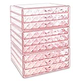 Makeup Cosmetic Organizer Cosmetics Organizers Storage Drawers - 3 Pieces Set, Diamond Pattern, Pink (9 Drawers)