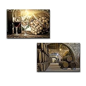Wine Bottles and Cellar with Wine Barrels Wall Decor x2Panels