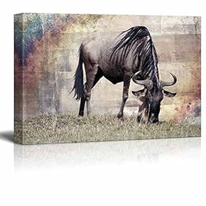 Animal Theme Canvas Wall Art - A Wildebeest Grazing on The African Savanna - Giclee Print Gallery Wrap | Modern Home Art Stretched & Ready to Hang - 12x18 inches