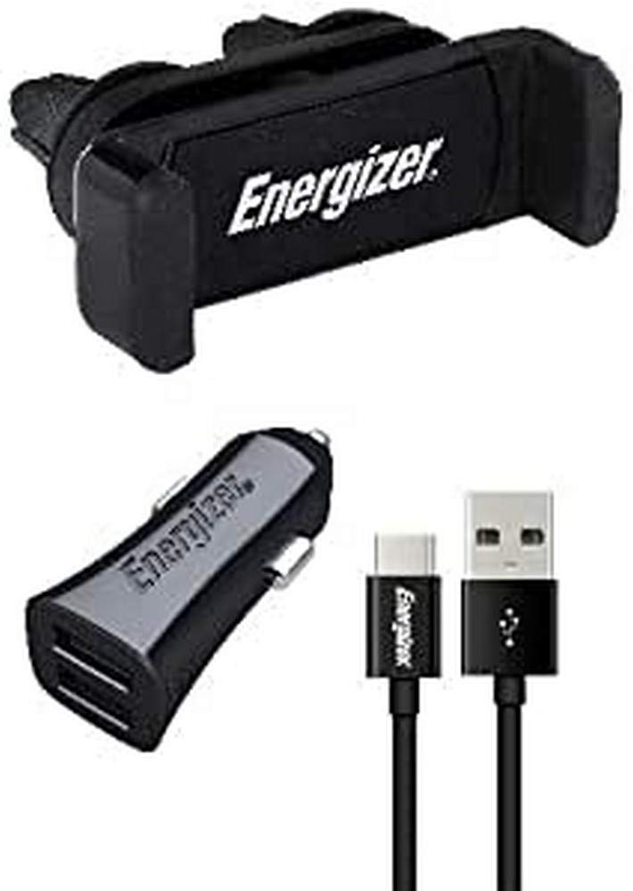 Energizer CKITB2CLI3 Universal Car Kit: 360° Clip Holder + Charger with USB-C Cable - 2 USB - 3, 4A - Cigarette Lighter Socket - Quick Charge and Synchronisation - Black