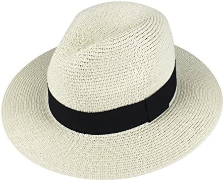 Choomon Women Straw Fedora Panama Sun Hat Wide Brim Stripe Band Summer Beach Cap (A-White)