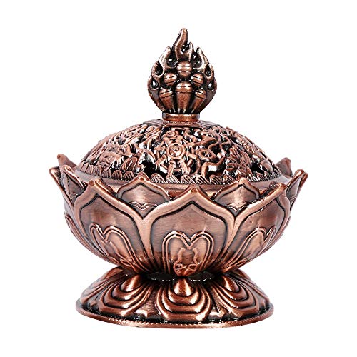 GOTOTOP Incense Burner Lotus Flower Shape Vintage Backflow Smoke Stick Cone Holder Home Decoration Ornaments (2.71 x 2.76 Inches) (Red Bronze)