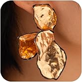 Boho Black White Contour Pleated Gold Metal Petal Flower Stud Earrings for Women, Vintage Hammered Leaf Floral Earring Unique Prom Party Jewelry Gift