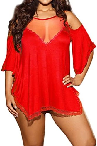 Women Sleepwear Plus Size Sexy Underwear Babydoll Lingerie G-String Set (Red, 2XL)