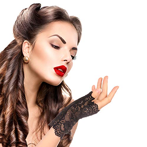 BKpearl 4 Pairs Fingerless Lace Gloves, Short Floral Gloves Ladies Lace Gloves for Women - Thumbnail 4