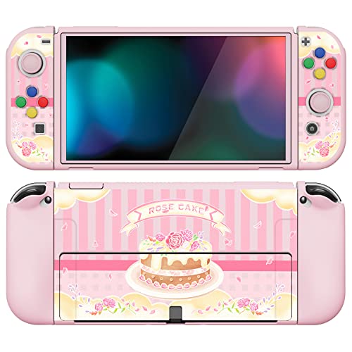 PlayVital ZealProtect Soft Protective Case for Nintendo Switch OLED, Flexible Protector Joycon Grip Cover for Nintendo Switch OLED with Thumb Grip Caps & ABXY Direction Button Caps - Rose Cake