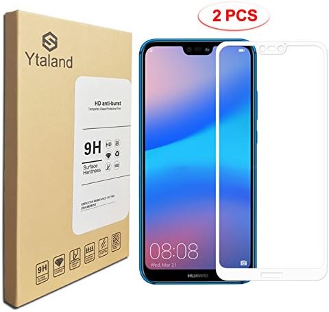 Ytaland [2 Pack For Huawei P20 Lite Screen Protector, [Full Coverage ] [0.3mm, 2.5D] [Bubble-Free] [9H Hardness] [HD Clear] Tempered Glass Screen Protector For Huawei P20 Lite (White)