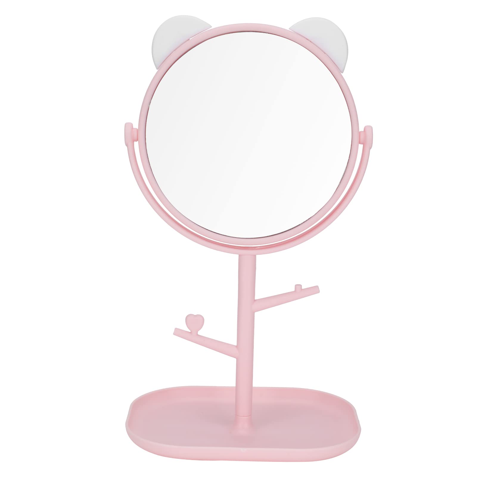 Sonew 2 Color Optional Makeup Mirror, Cat Ear Shape Adjustable Vanity Mirror with Small Stand for Makeup, Mirrior with Jewelry Storage for Home and Salon(pink)