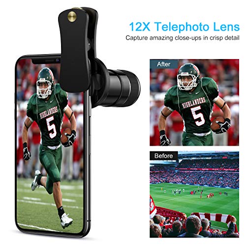 Phone Camera Lens, 5 in 1 iPhone Camera Lens Kit - 12x Telephoto Lens+180°Fisheye Lens+0.65x Wide Angle Lens+12x Macro Lens+Star Filter Lens,Phone Photography Video Lens with Tripod+Remote Shutter - Thumbnail 2