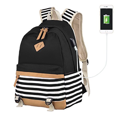 Canvas Backpack Girls Stripe School Bookbag Women College Backpack With USB Port Black