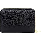 Small Genuine Leather Credit Card Holder for Women Zipper Wallet Classic Black (Black)