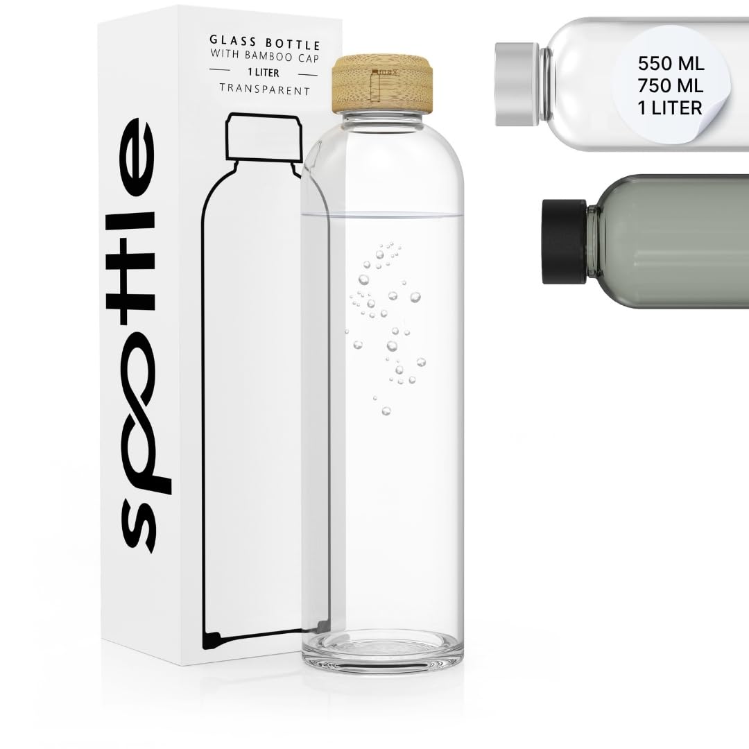 spottle Glass Water Bottle 500ml – 750ml – 1 Litre – Borosilicate 1L with Lid, BPA Free, for Home, Fridge & Dishwasher Safe, Ideal for All Beverages — image 1