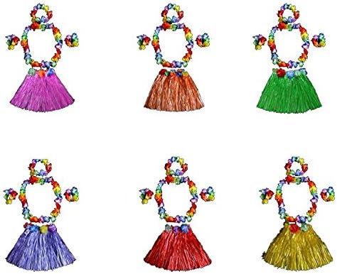 HLJgift 12'' Long Kid's Flowered Luau Hula Skirts With Costume Set Pack of 6,Assorted Colors